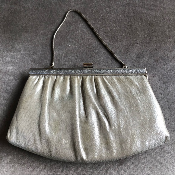 VTG 50’s 60’s Silver Lame clutch purse w/serpentine silver strap glitter frame - Picture 2 of 4